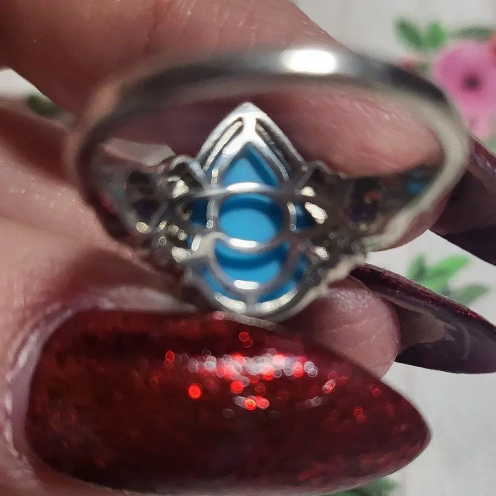 Sleeping Beauty Carved Turquoise & Tanzanite Sterling Silver Ring